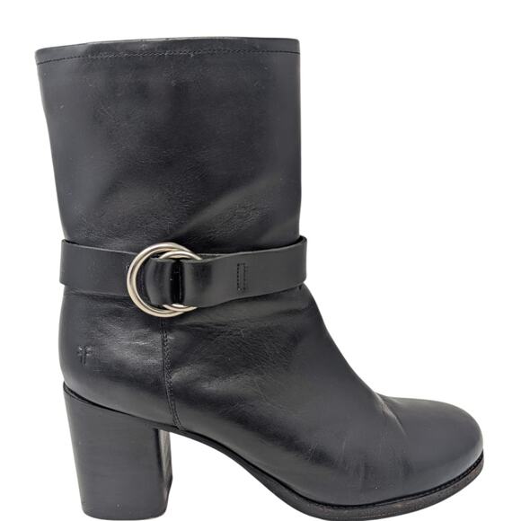 Frye Black Leather Heeled Mid-Calf Boots Buckle Strap Size 11 - Picture 1 of 7